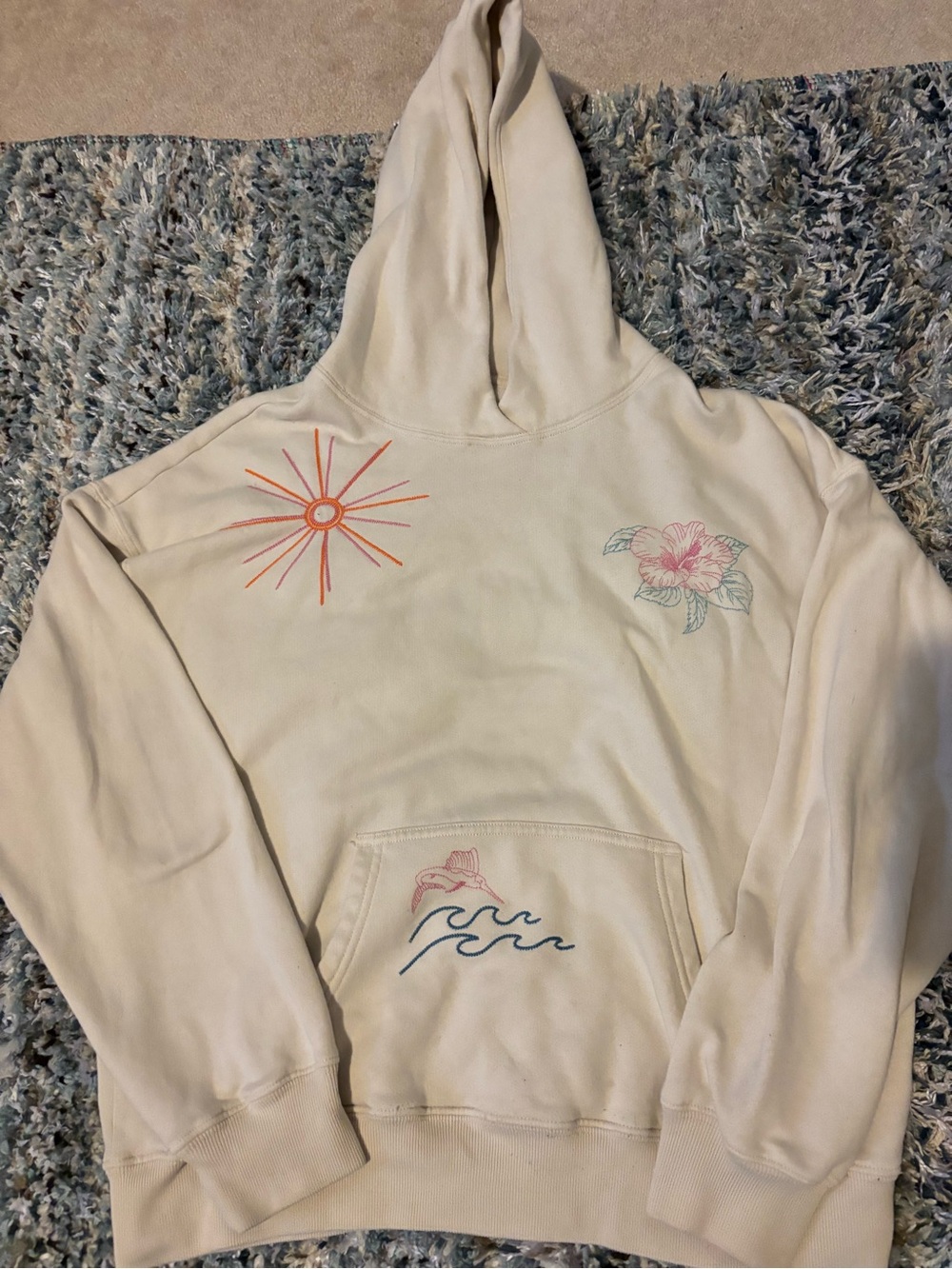 Hollister Cream Hoodie with Sun, Floral & Wave Embroidery